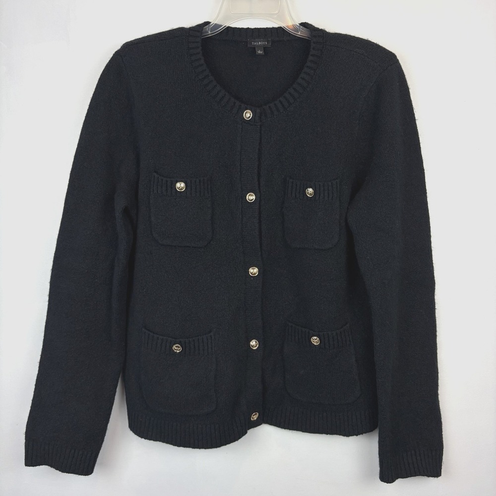 Talbots Button Cardigan Sweater Womens Large Black Gold Tone Buttons Old Money
